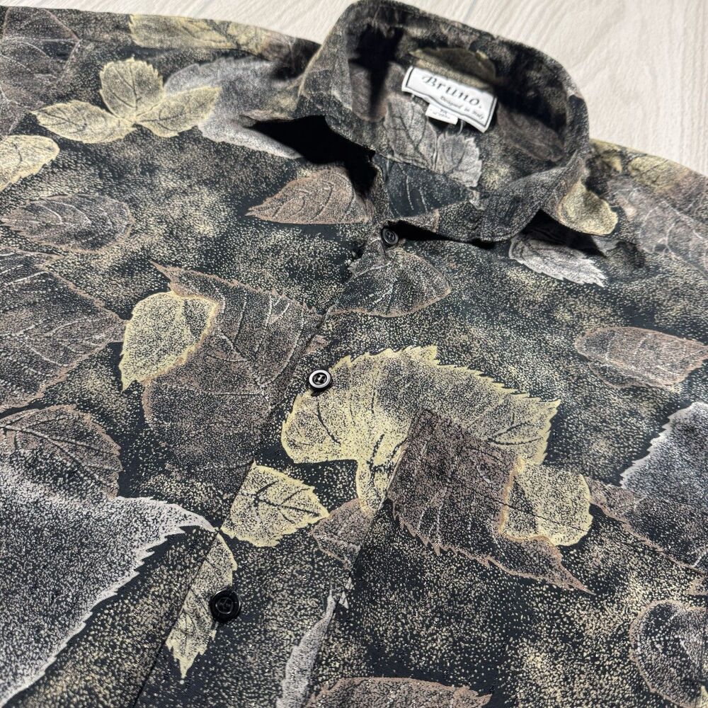 Bruno Short Sleeve Floral Shirt Mens M Black Gold Leaf AOP Rayon Vacation Resort